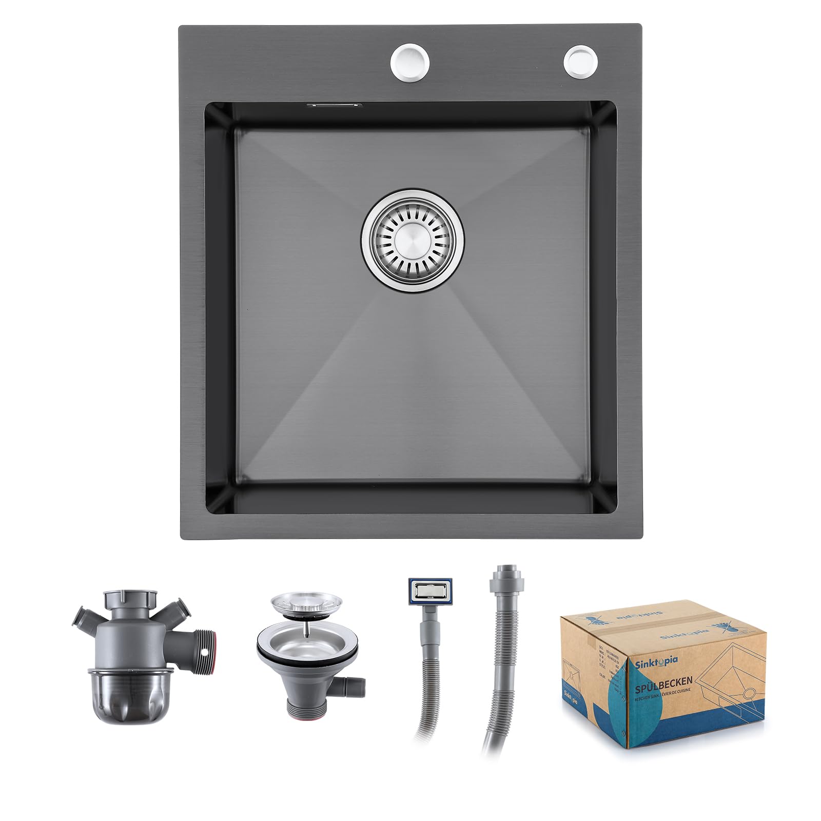 Kitchen Sink with Waste Kit, 2 Tap Holes Stainless Steel 304 Thick Deep Basin Single Bowl, Sinks with Strainer Overflow for Home Kitchen Campervan Utility Room Bar Nano Black 45×50 cm