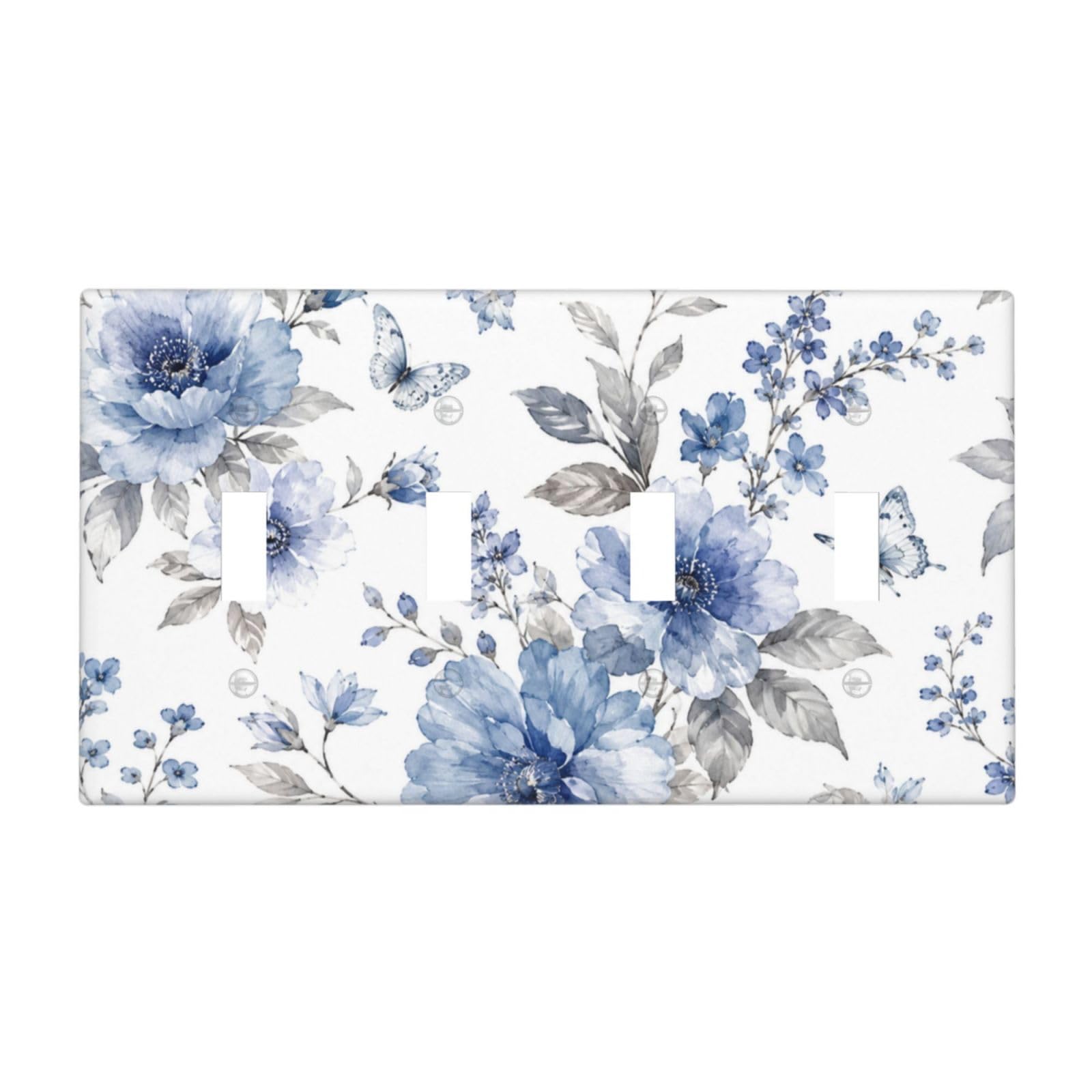 Dwbguo Blue Floral Decorative Light Switch Plate Covers Watercolor Butterfly 4 Gang Artistic Wall Plate Unique Vintage Botanical Flower Quad Toggle Light Switch Covers For Bedroom Home Decor