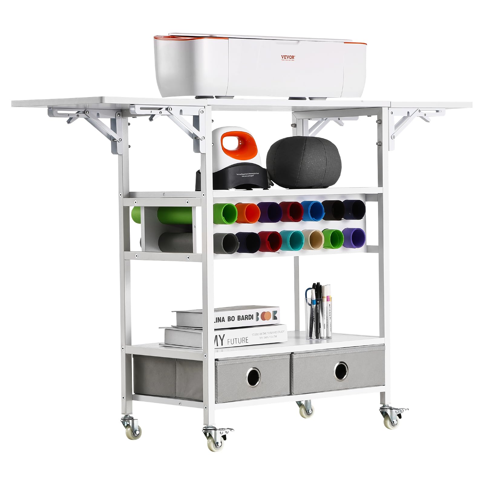 VEVOR Chariot de Rangement, Compatible avec les Plotters de Découpe, Table de Travail Artisanal, avec Côtés Pliables, Organisateur Mobile pour l'Artisanat avec 14 Porte-rouleaux de Vinyle et 2 Tiroirs