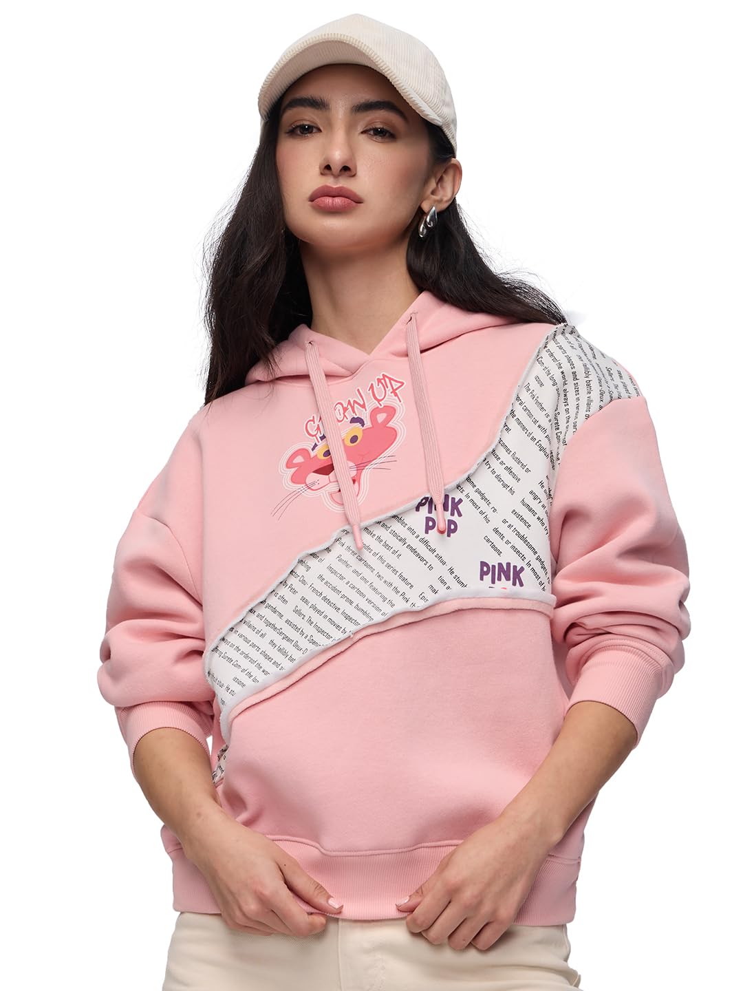 the souled store Pink Panther: Pink Love Women and Girls Long Sleeves Hooded Neck Pink Printed Cotton Blend Oversized Hoodies-picture-12