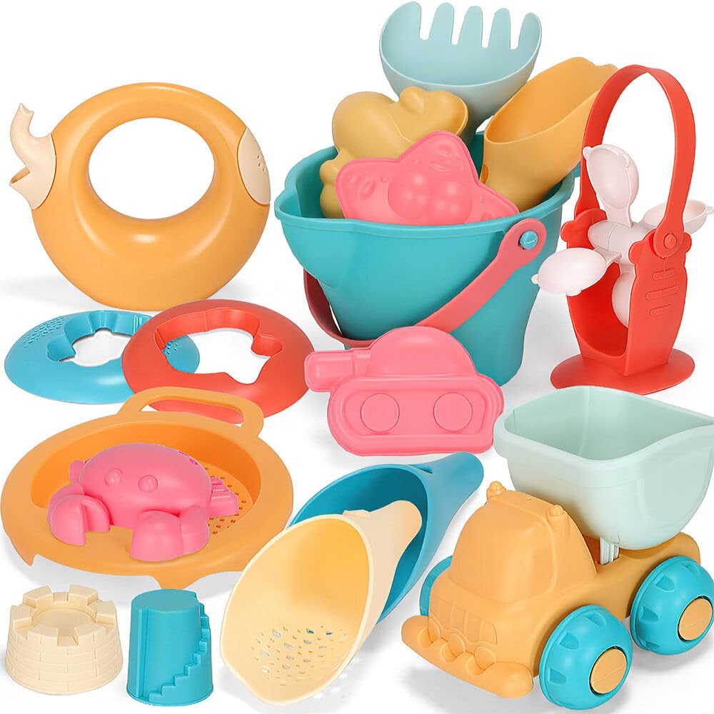 LUFEIS Juguetes de Playa para Niños, 17 Piezas Juguetes Playa Niños con Cubo Playa Palas Rastrillo Moldes de Arena, Juguete de Exterior Regalo para Niño Niña, Juego Cubo y Palas Playa