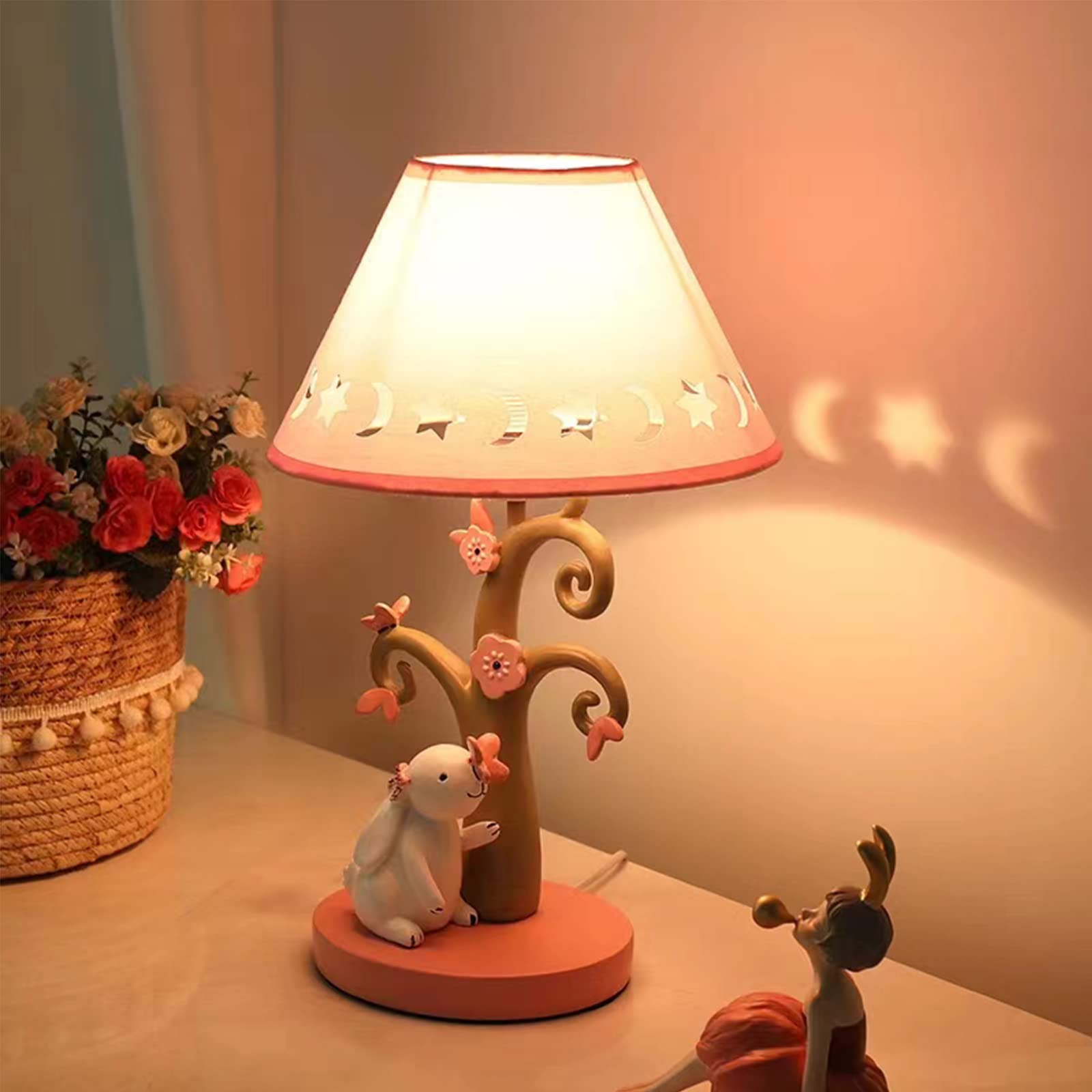 Nowoczesna kreatywna lampa stołowa z kreskówek, lampka nocna Mini Pink Rabbit z abażurem z tkaniny korpus z żywicy, dekoracyjna szafka nocna dla dzieci do sypialni pokoju dziecięcego