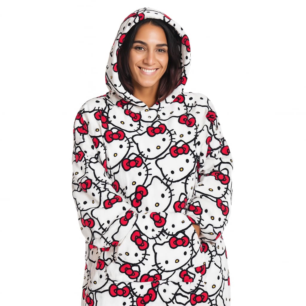 Kanguru, Felpa Coperta Donna con cappuccio, Hello Kitty Hoodie Oversize, plaid con maniche indossabile, idea regalo donna Natale o Compleanno, in pile 100% Microfibra, 85x75 cm vestibilità larga