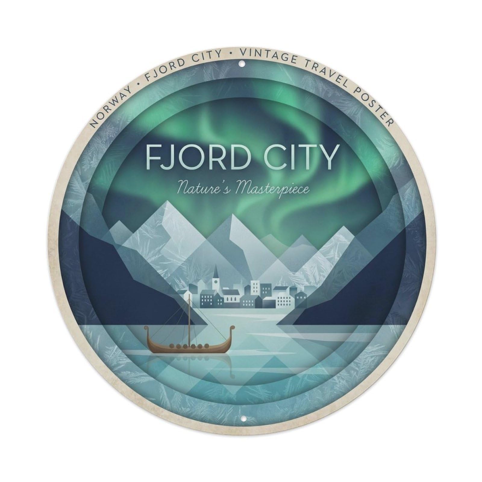 Norway Fjord City Vintage Cartography Mountain Harbor Metal Tin Sign Plaque Wall Decor for Cafe, Man Cave, Club Bar, Office, Home Garden Round Metal Poster 8x8Inch