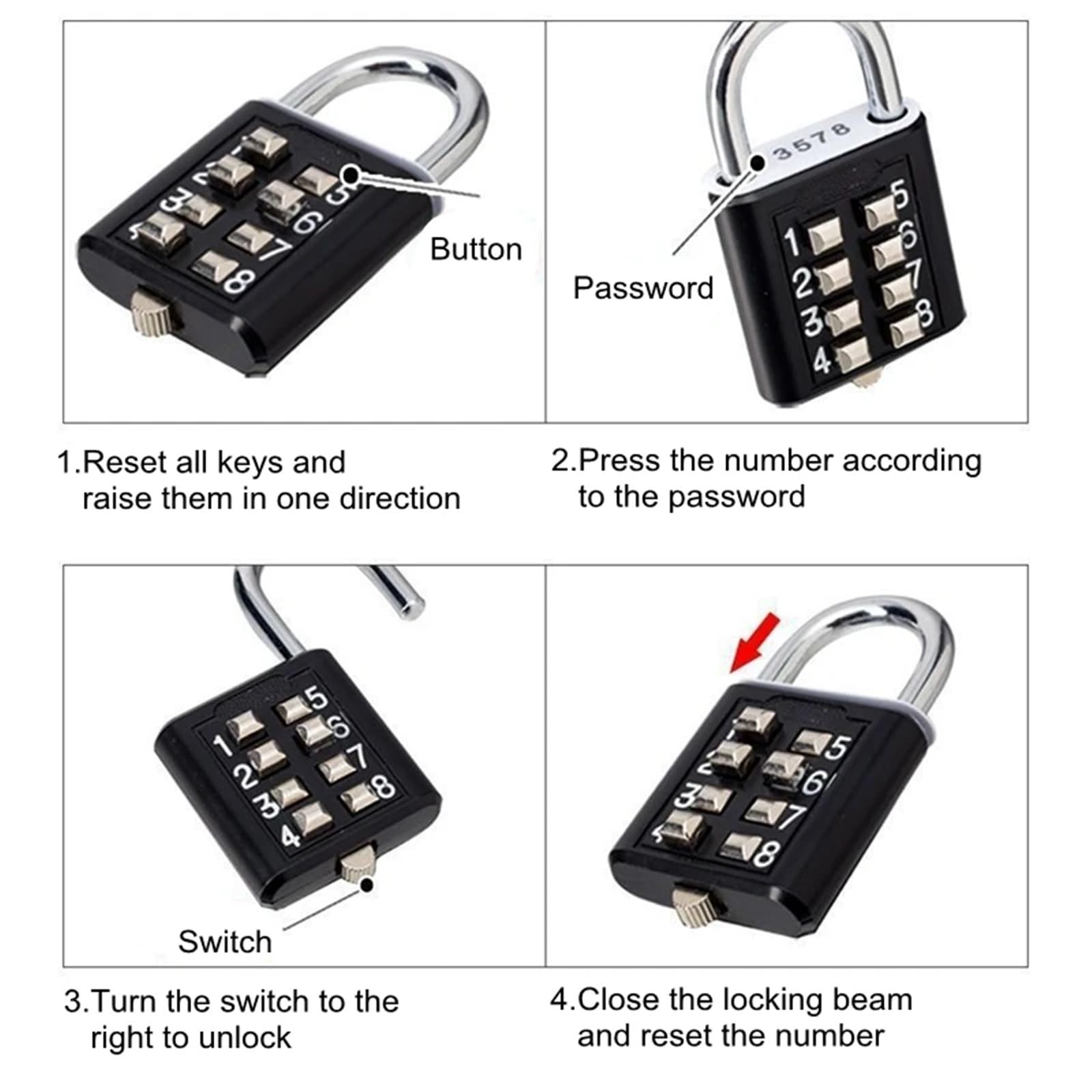 Lucchetto Con Combinazione Lucchetto a combinazione con codice password a 8 cifre Valigia in lega di zinco for bagaglio Codice da viaggio Smart Lock chiave Blocco antifurto