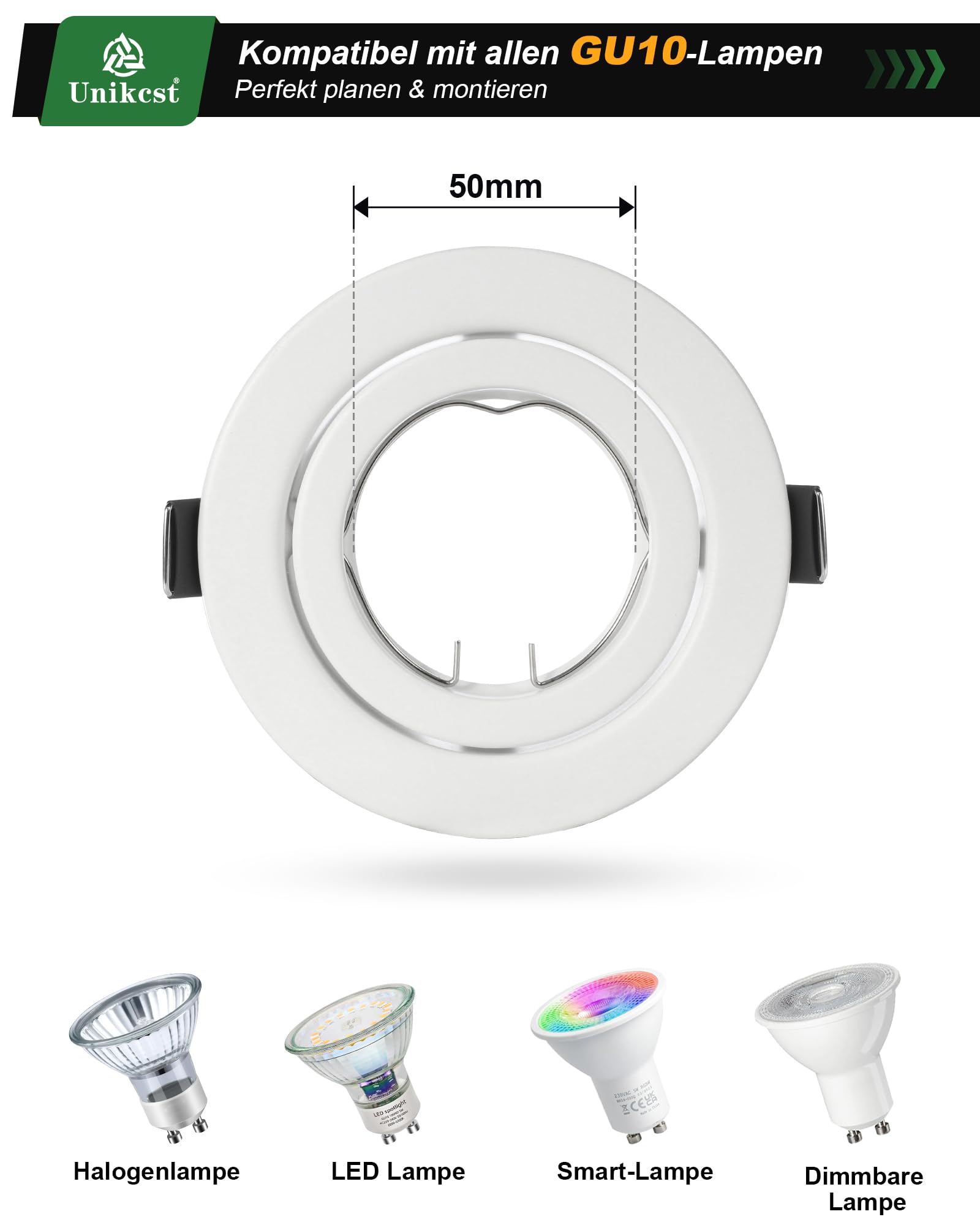 6er LED Einbaustrahler Rahmen GU10 Schwenkbar Einbaurahmen Matt-weiß Einbauspots mit GU10 Fassung Metall Rund Einbauleuchten Decke LED Lochdurchmesser 98mm für Küche Wohnzimmer Messehallen