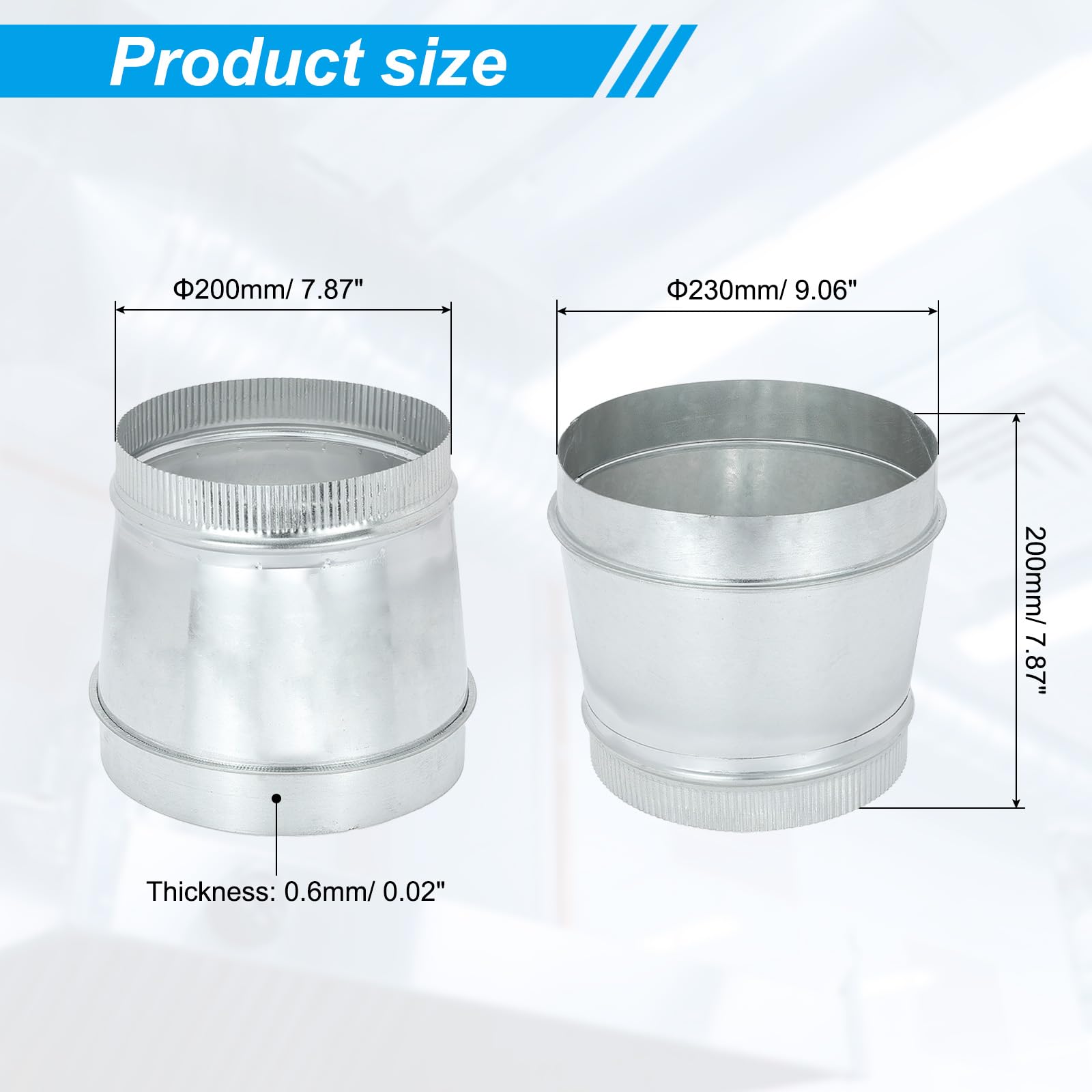 PATIKIL 9 Inch to 8 Inch Duct Reducer, Galvanized Steel Round Air Duct Reducer Crimped Pipe Increaser Adapter Connector Fitting Coupling for HVAC, Ventilation Systems - Image 2