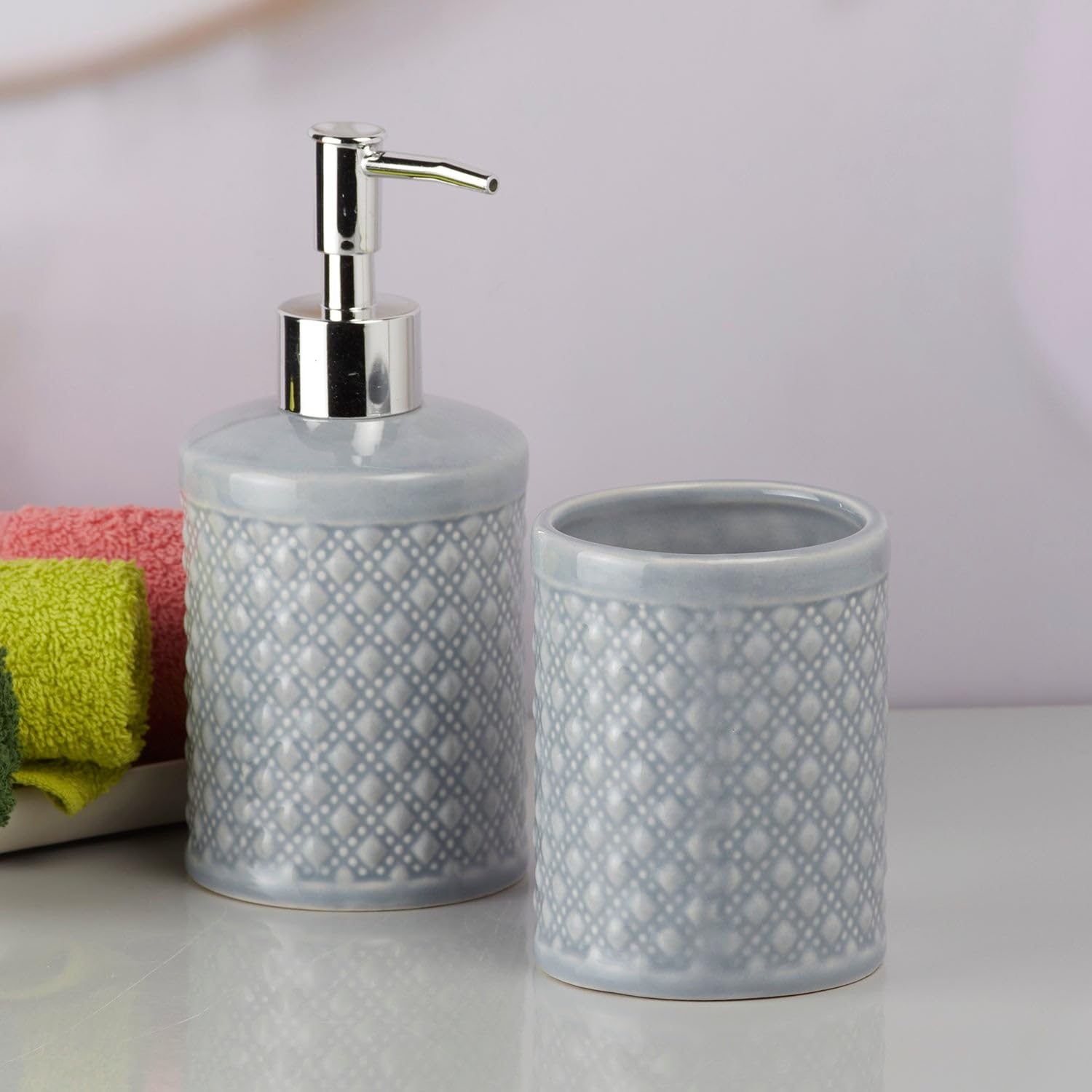SaSaSa Ceramic Bathroom Set – Elegant Set of 2 Bath Accessory Kit with Soap Dispenser & Toothbrush Holder – Modern Bathroom Decor for Home & Guests (9605) 1