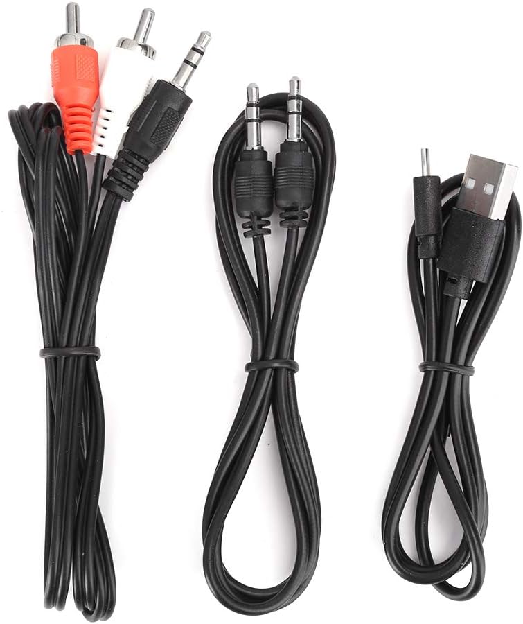Included cables: RCA, 3.5mm, and USB power cable