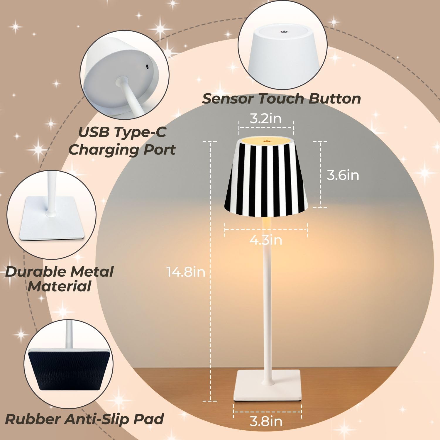 Mahjong Cordless Table Lamp Striped black white square 3 Color Dimming image 3
