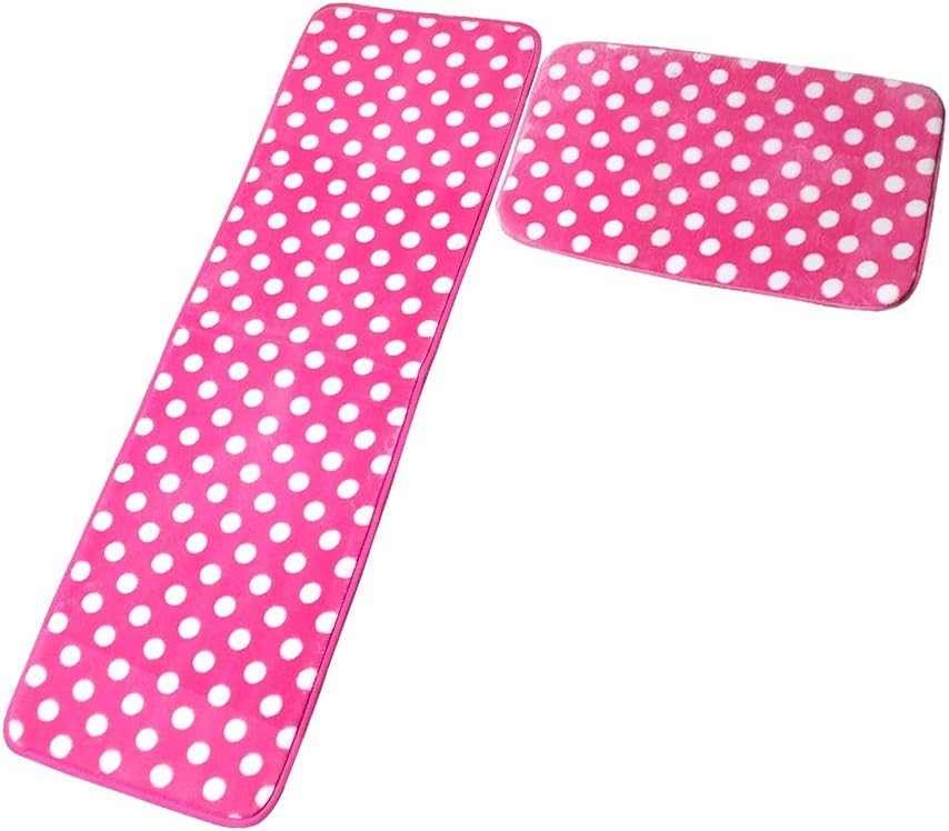 Kitchen Rugs Memory Foam Non Skid Bottom Pink With White Dot Kitchen Rugs Set 2 Pieces （15.7" × 23.6" + 15.7" × 47.2" Pink）