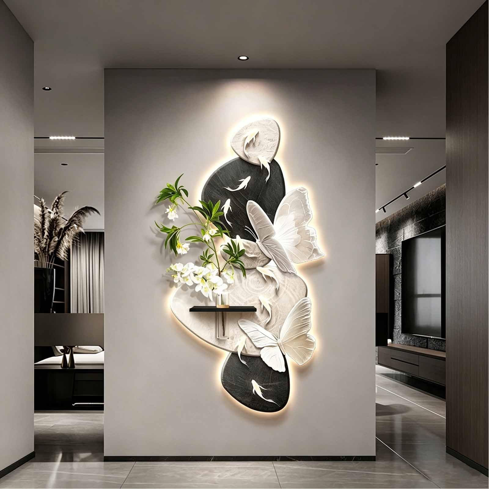 YDAECKRYVB 3D Sandstone Wall Art Decor With LED Lighting，LED Wall Sculpture Featuring A Decorative Panel With A Vase And Faux Greenery，Suitable For Entryways.(B,140 * 70cm/55.1 * 27.6in)