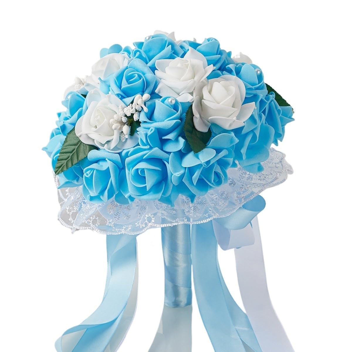 Huffa Lightblue Artificial Wedding Bouquet For Bride And Bridesmaids - Lace And Bow Ribbon Design(Lightblue)