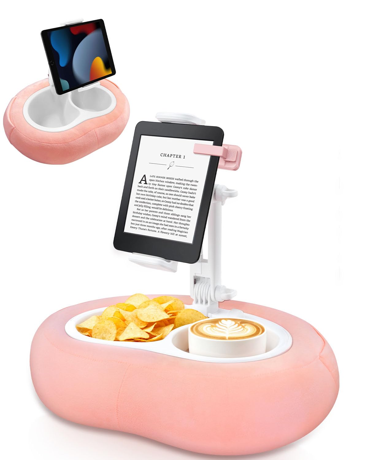 Miledi Support Tablette avec Coussin, Support Kindle, Coussin Support Rotatif à 360° Compatible avec Appareils de 5 à 12,9 Pouces, Support Téléphone pour Lecture au Lit, Rose