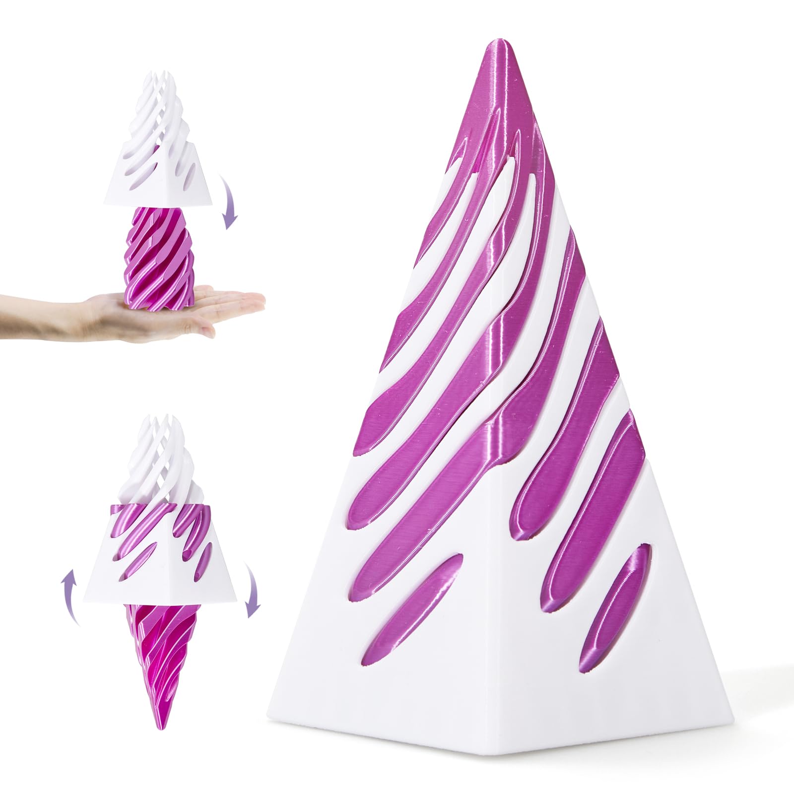 Impossible Pyramid Passthrough Sculpture,3D Printed Pass Through Pyramid Spiral Cone Fidget Toy,Infinity Spiral Tree Fingertip Toy,Mini Vortex Thread Illusion Stress Relief (Purple White)