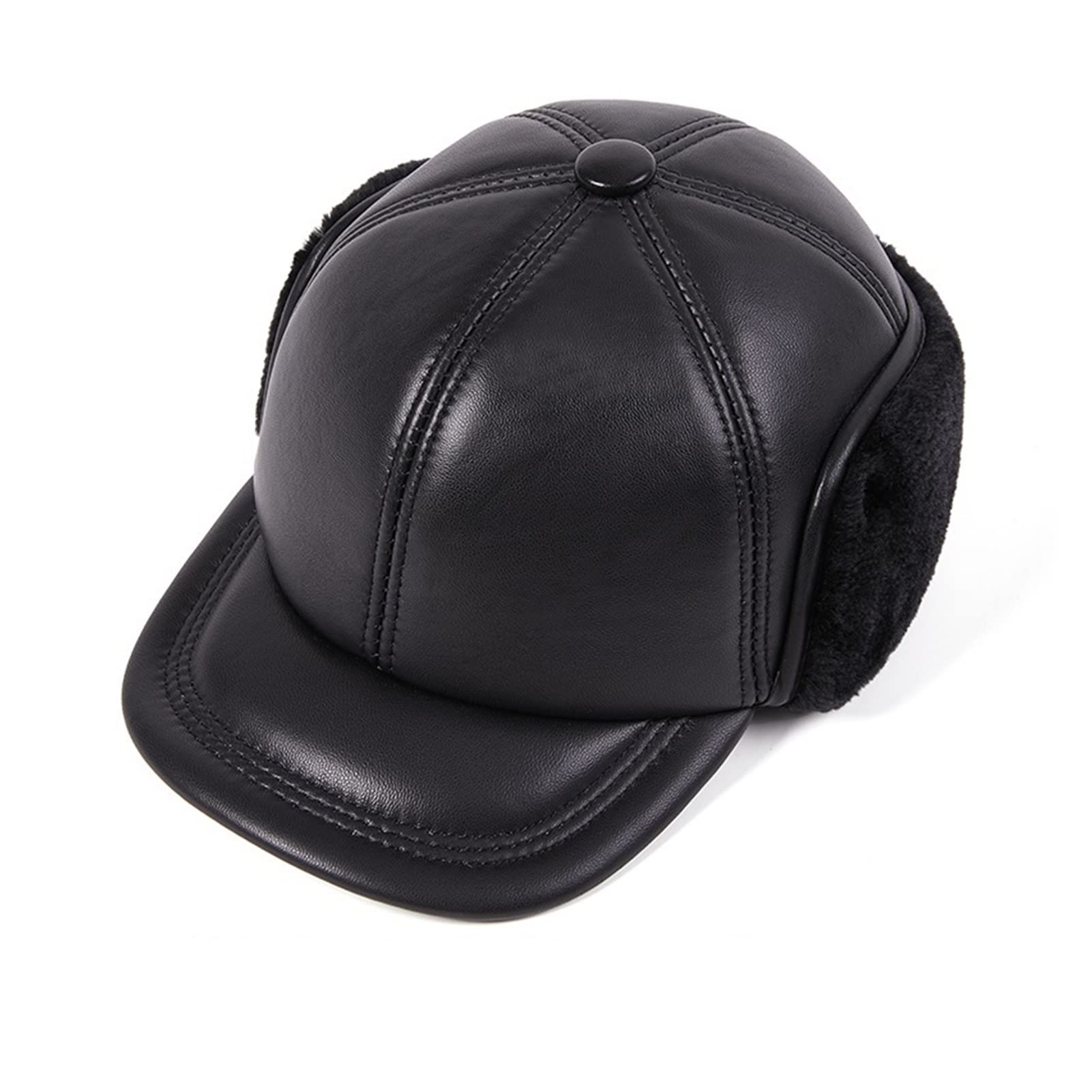 Cappello in Pelle con Ispessimento Invernale in Pelle e Velluto di Mezza età e Anziano Caldo Cappello in Cotone Anatra Linguetta da Baseball(L(55-56cm))