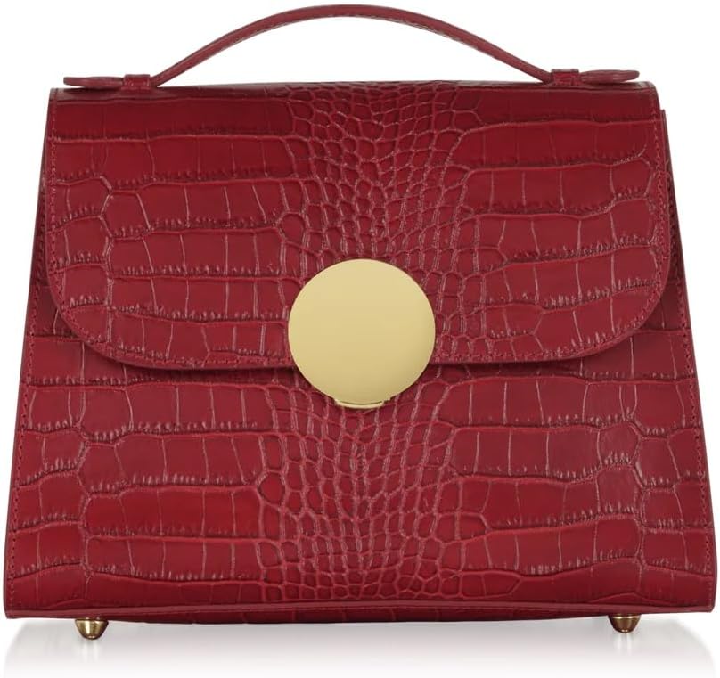 Bombo Croco Embossed Leather Satchel, Top-Handle Bag with Strap, 9.8 x 7.9 x 3.9 inches