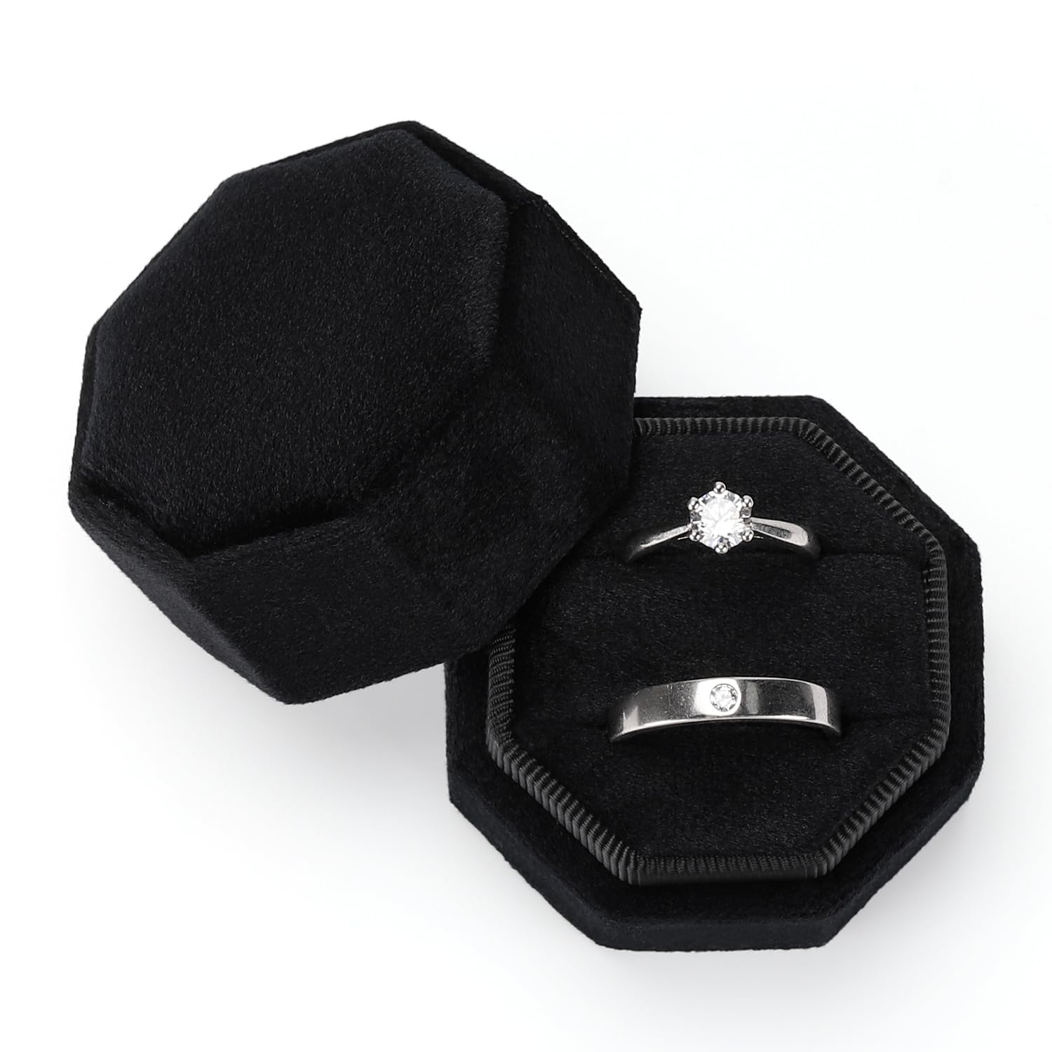 EtercycleVelvet Ring Box, Octagon Gorgeous Vintage Double Jewelry Ring Gift Box with Detachable Lid for Proposal Engagement Wedding Ceremony (Black)
