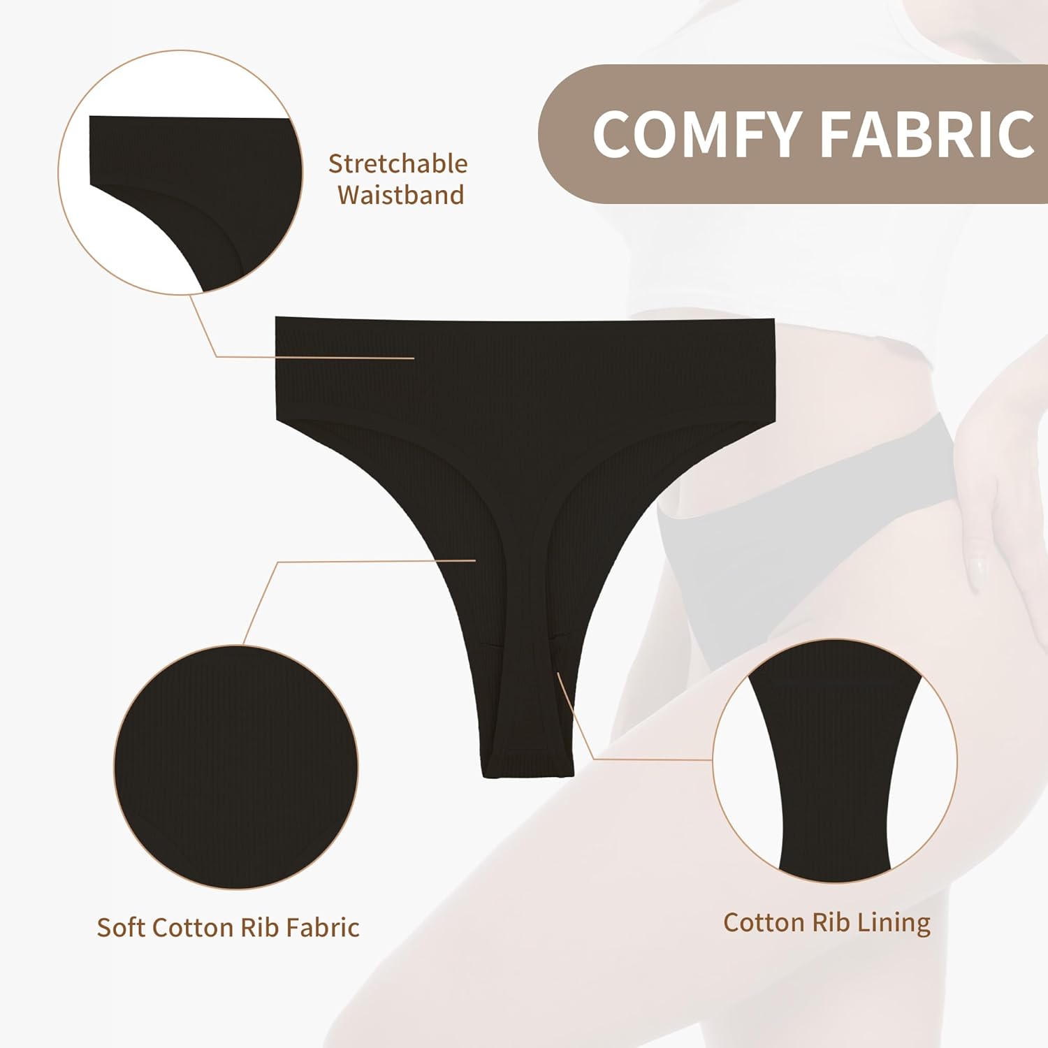 Women's High Waisted Ribbed Cotton Thongs Panties High Cut Breathable Underwear 3-Pack Size S to 4XL - Image 3