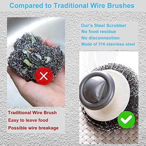 Image of 24Pack Steel Wool Scrubber with Handle, Stainless Steel Scrubber for Cleaning Cast Iron, Dishes, Stock Pots, Pans, Griddles, Grills