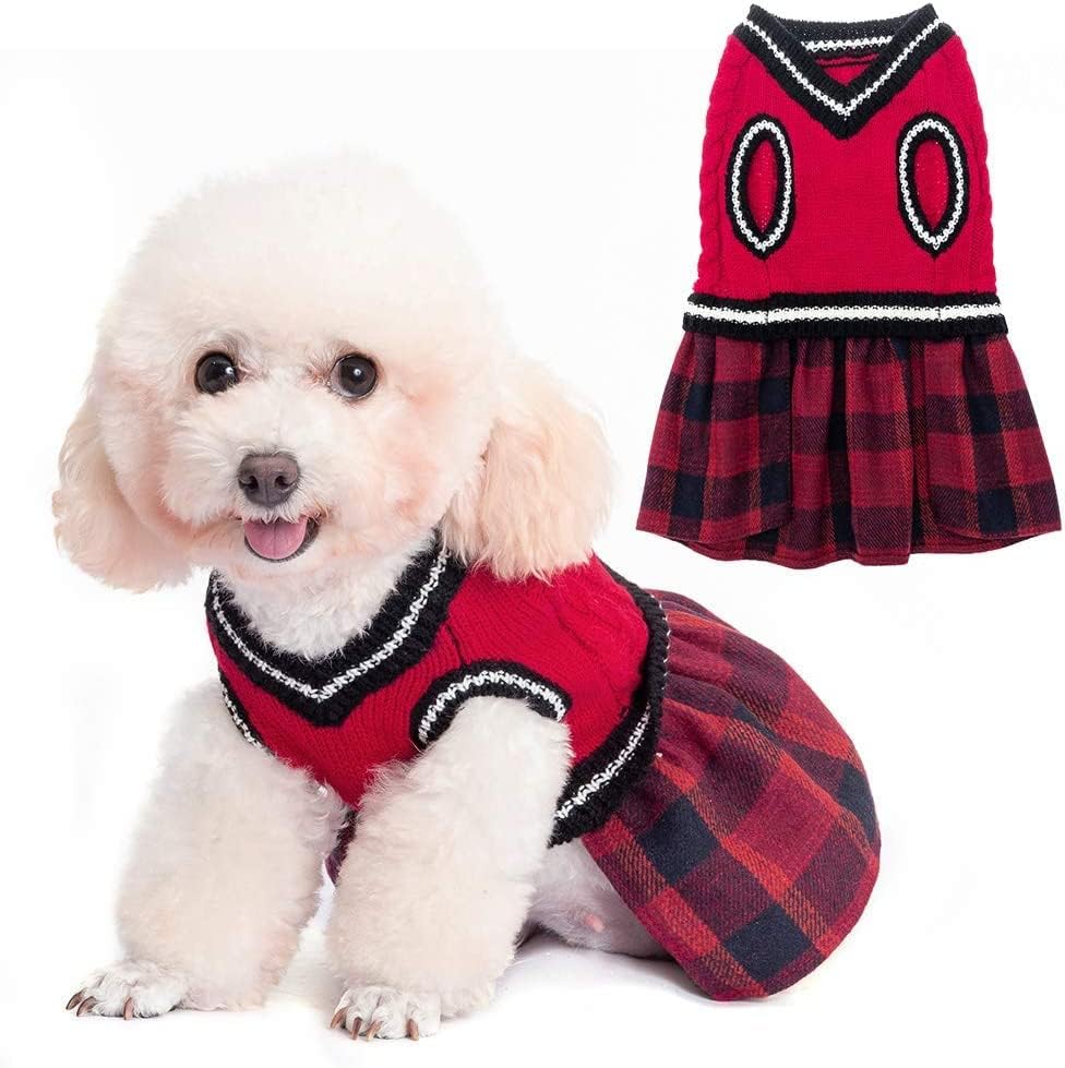 BINGPET Dog Sweater Dress - Plaid Pattern - Warm Pullover with Leash Hole V-Neck Knitwear Pet Sweater Cat Knitted Dress One-Piece Dress…