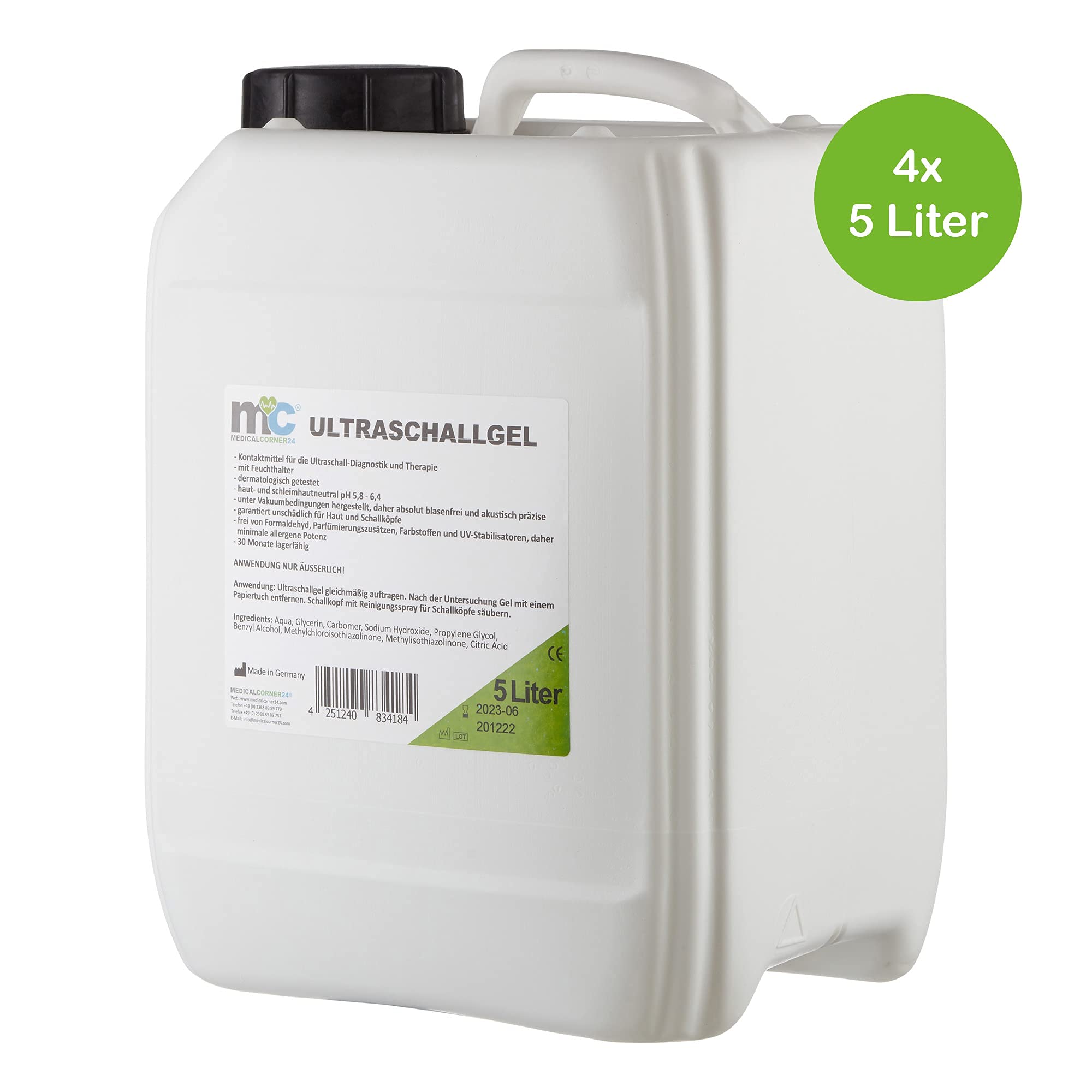Medicalcorner24 Ultraschallgel, Sonographiegel, Kontaktgel, Gel, 4 x 5 Liter Kanister