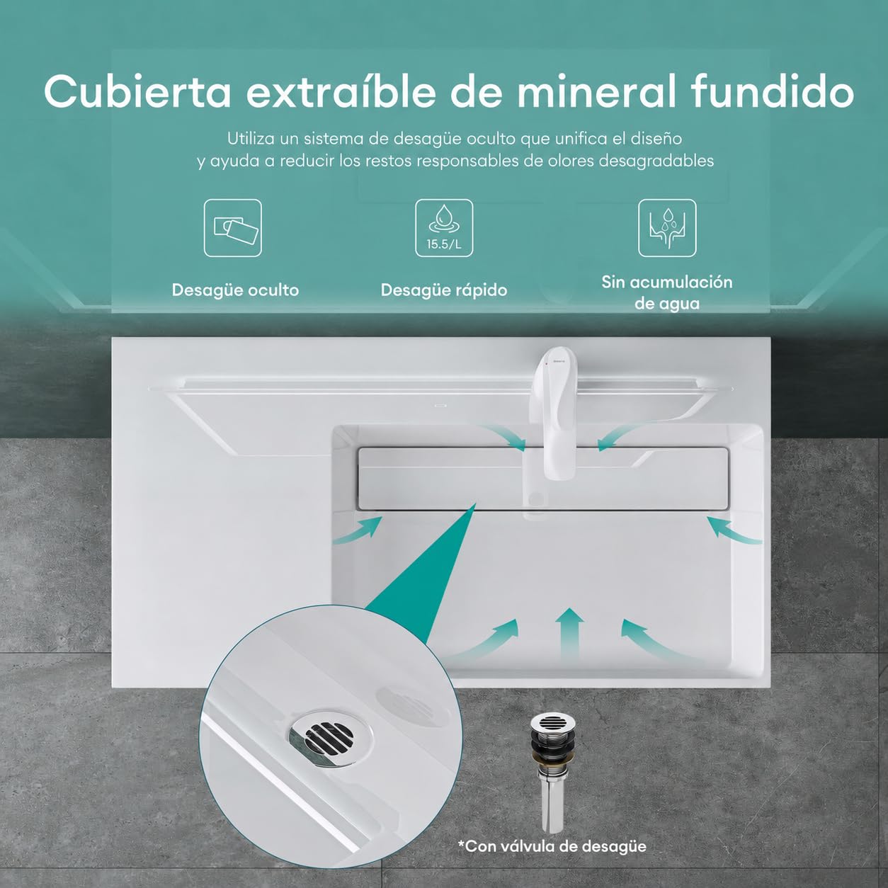 Mai & Mai Lavabo Derecho sobre Encimera 100cm Blanco Col12 | Lavabo Suspendido Mármol Fundido, con Orificio para Grifo y Válvula Desagüe, Conexión Estándar DIN, Tapa de Desagüe Oculta