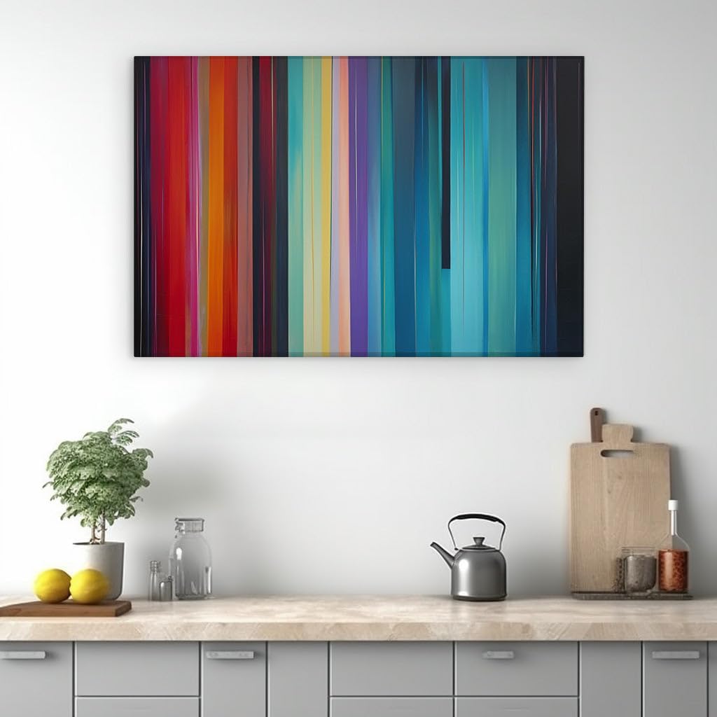 Canvas for Living room. Abstract Elegance: A Tapestry of Vertical Stripes and Vivid Hues Against a Blue Expanse, 27 x 18 inch Canvas Wall Art - Contemporary Masterpieces - Modern Home Decor