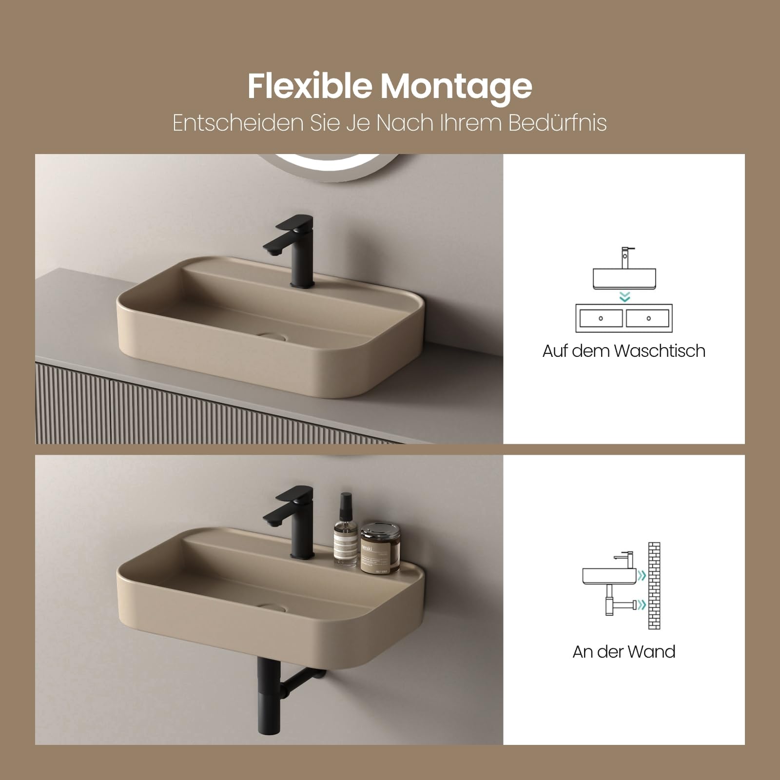 EMKE Lavabo de salle de bain - Lavabo à poser - Beige pâle mat - 60,3 x 40,1 x 11 cm - En céramique - Pour salle de bain et WC d'invités - Rectangulaire - Lavabo suspendu de qualité supérieure