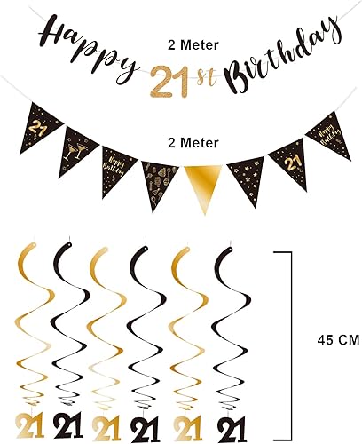 Miniatura 3 de Kit de decoración de cumpleaños número 21, pancarta de feliz 21 banderines de remolinos, pancarta de bandera triangular para decoraciones de fiesta,