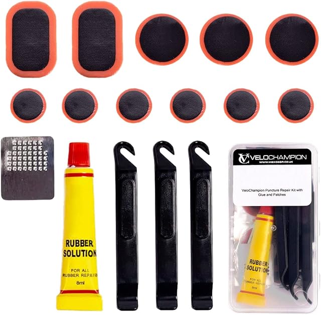 VeloChampion Glue Bike Tire Puncture Repair Kit with Rubber Solution and Storage Case for All Bicycles; Road, Mountain, Commuter Bikes. 11 Repair Patches. 3 Tyre Levers