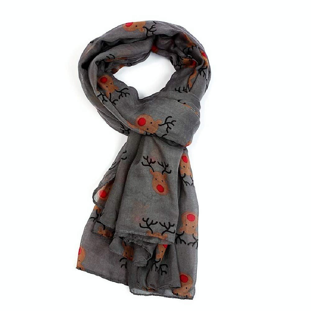 Lilyrosa Women's Grey Lilyrosa® Red Nose Rudolph Reindeer Scarf Christmas Rudolph Xmas Shawl, Secret Santa Gift Idea (Grey)
