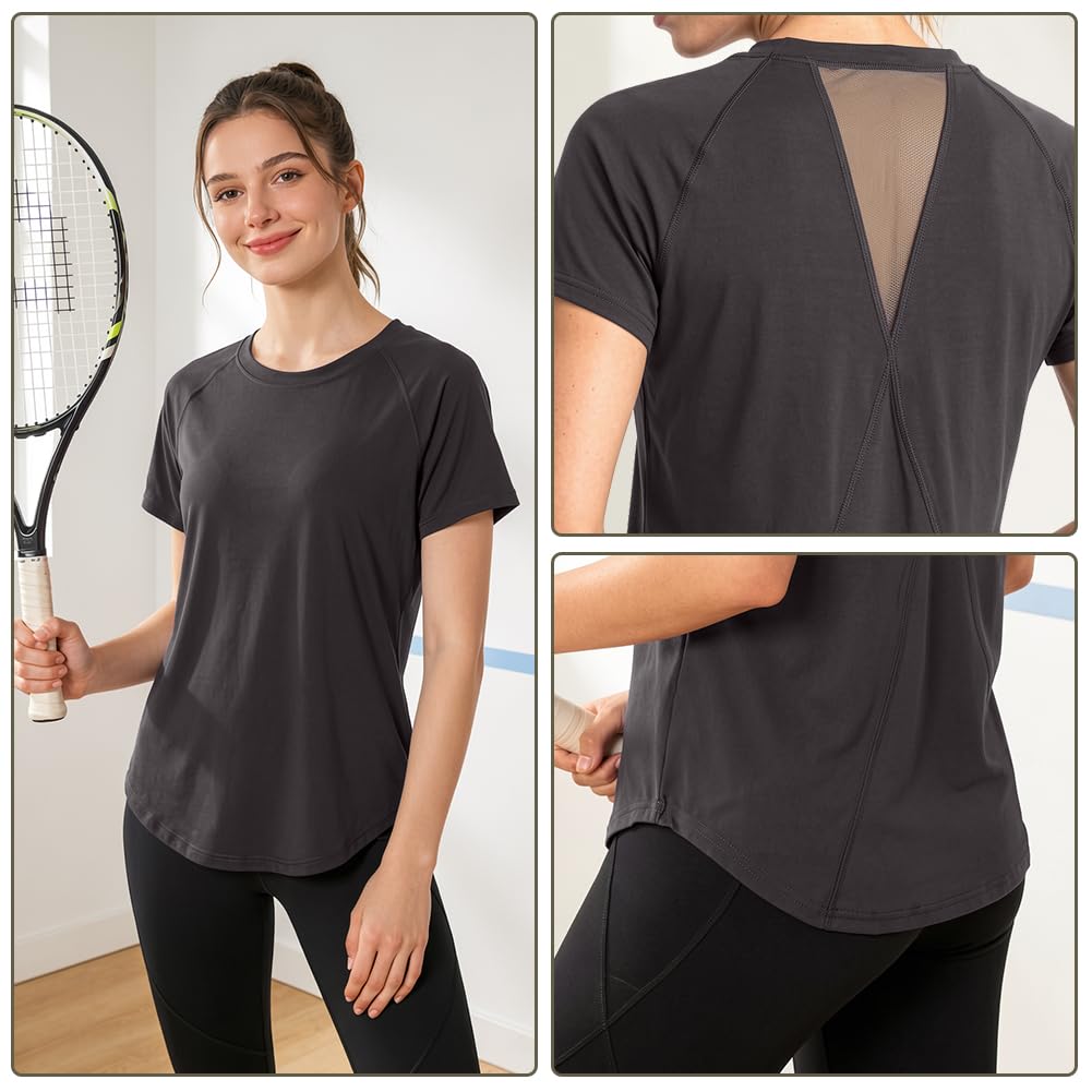 DiULi Camiseta Deportiva Mujer, Camiseta Deporte Manga Corta, Camisetas Deportivas de Gimnasio con Malla Espalda y Ajuste Holgado, Ropa Deporte Entrenamiento Atlético, Yoga Pilates Fitness Top - 4