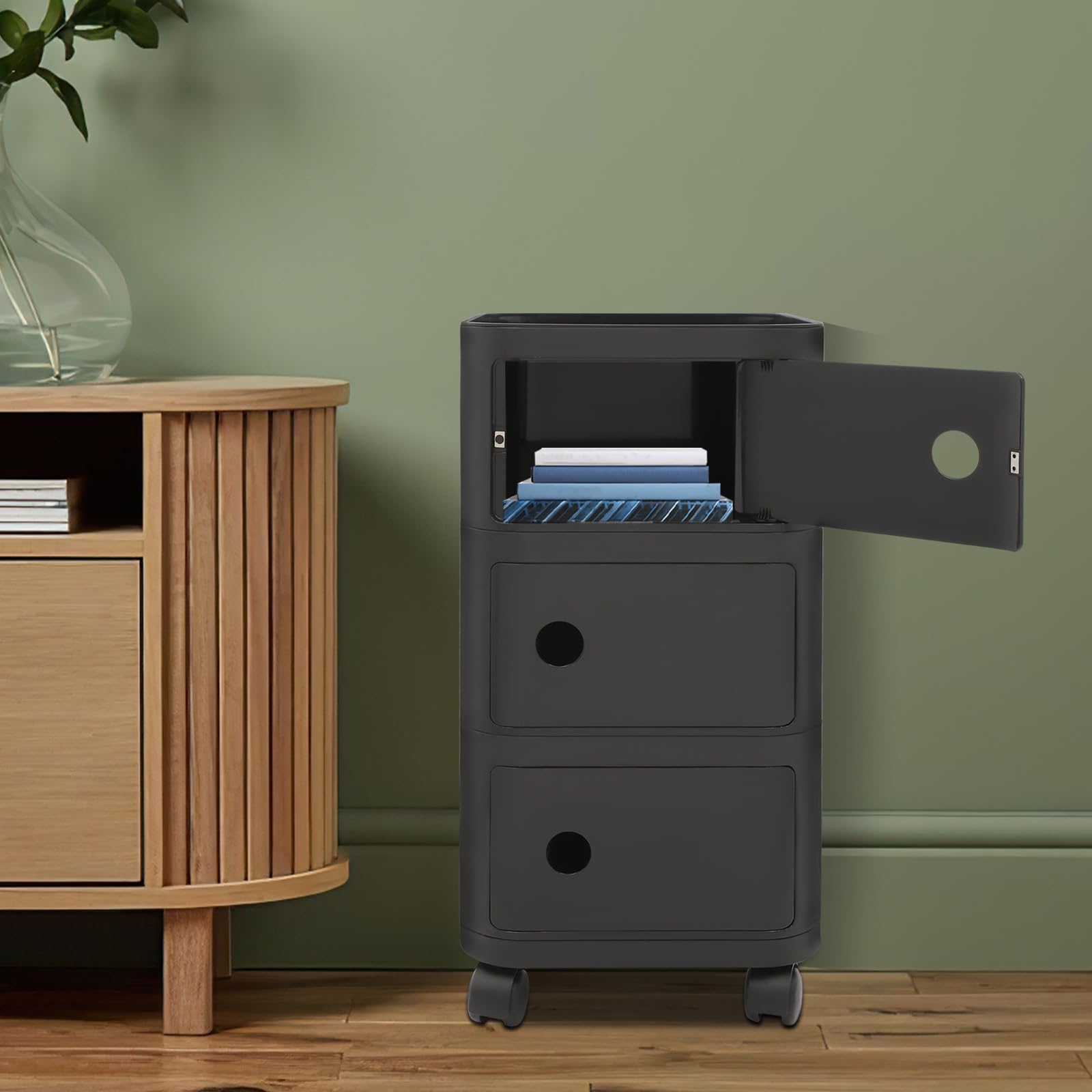 Mesita de noche con 3 cajones, mesita de noche con una plataforma superior y tres compartimentos, mesa auxiliar móvil con puertas, para dormitorio, sala de estar, estudio (negro)