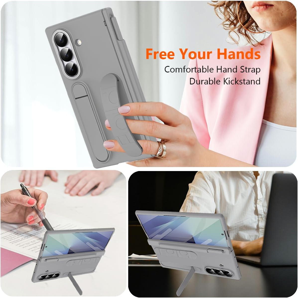 Finger Strap for Samsung Galaxy Z Fold 7 Case with S Pen Holder & Stylus, [with Card Slot] Full Coverage Screen Protector Hinge Protection Kickstand Wristband Phone Case for Z Fold 7 Grey