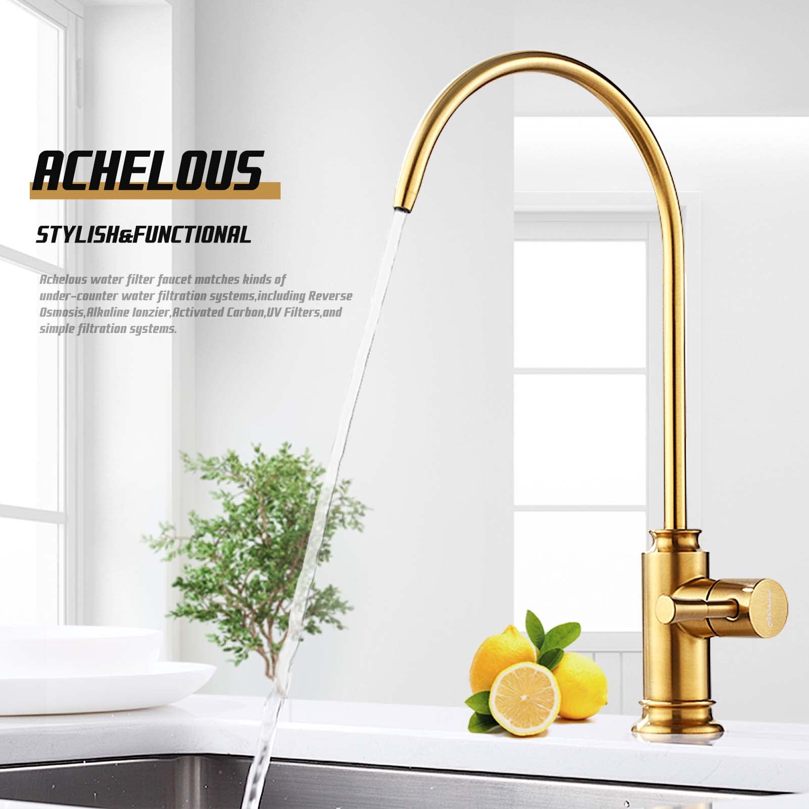 Achelous Grifo de filtro de agua de cocina dorado, grifo de agua potable sin plomo de acero inoxidable se adapta a unidades de ósmosis inversa o sistema de filtración de agua en espacio sin aire