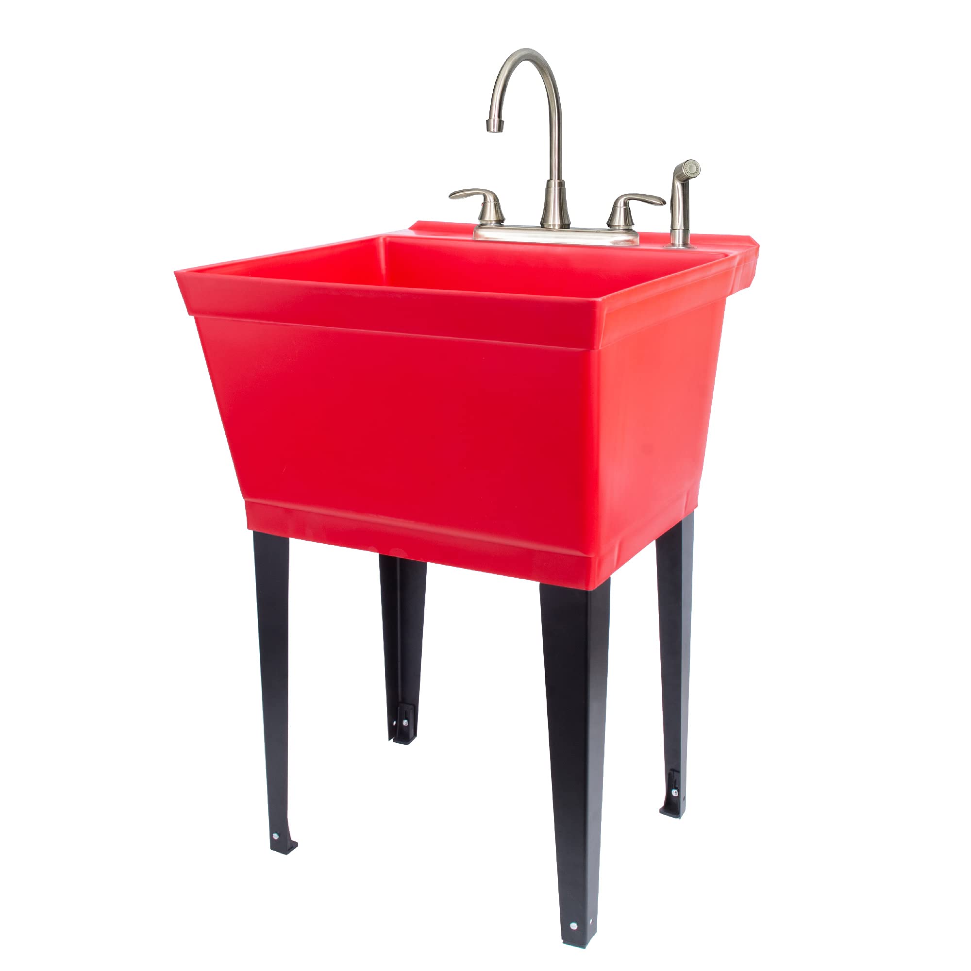 Red Utility Sink Laundry Tub with Stainless Finish Gooseneck Faucet by JS Jackson Supplies, Heavy Duty Slop Sinks for Basement, Laundry Room, Garage or Shop, Large Free Standing Wash Station