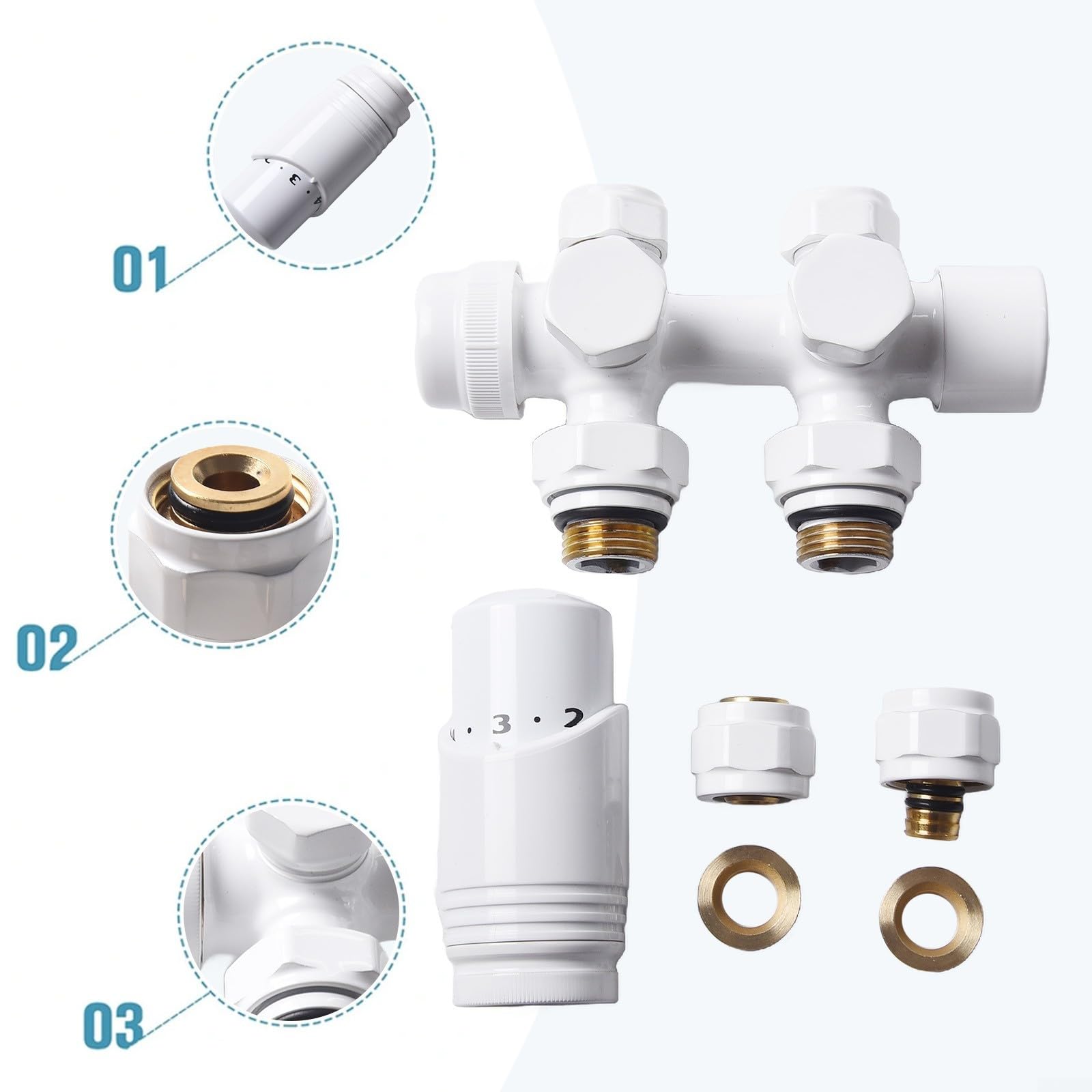 Valvola termostatica per scaldasalviette, testa centrale in ottone TRV da 50 mm con sensore liquido, connettore da 1/2" per radiatori da bagno (cromata) (bianco)