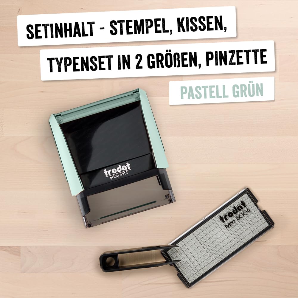 Trodat Printy 4913 Typomatic, Textstempel zum Selbersetzen pastellgrün | Abdruck 57x21 mm, Abdruck schwarz, selbstfärbend, dokumentenecht, inkl. 2 Zeichensets in 3 und 4 mm Schrifthöhe und Pinzette