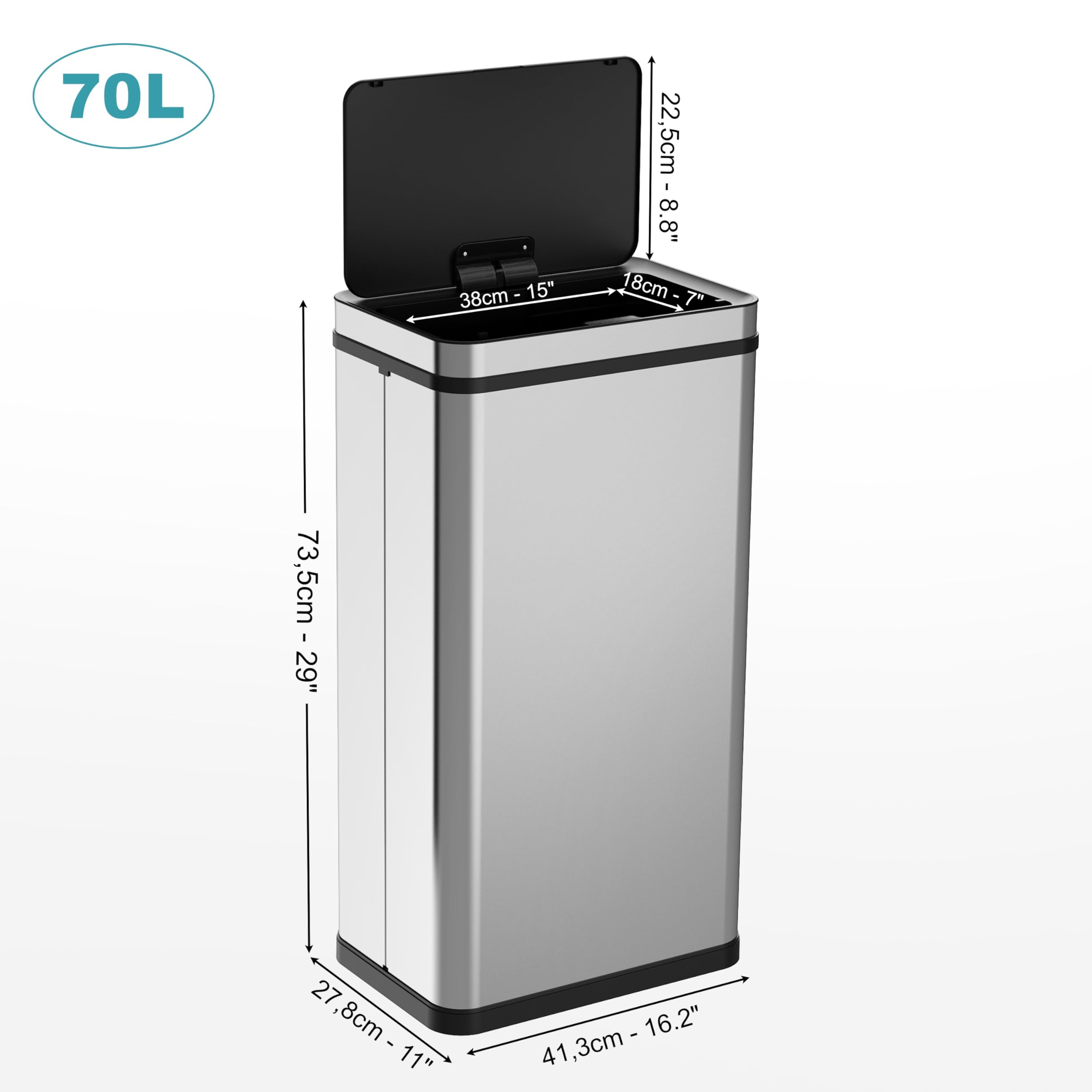 Ribelli Edelstahl Mülleimer 70 Liter - Abfalleimer mit Sensor - Automatisches Öffnen und Schließen - Küchenmülleimer mit LED-Funktionsanzeige, Silber
