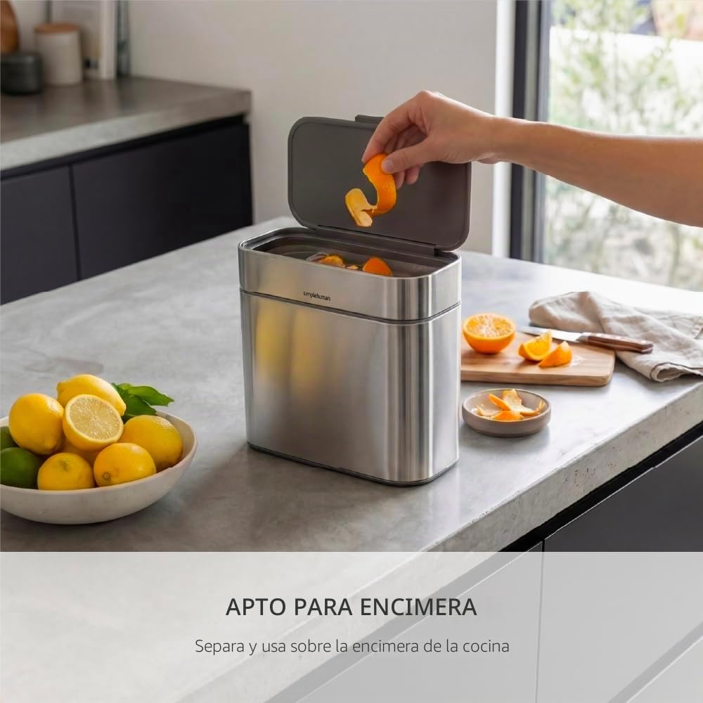 simplehuman CW1645 Cubo para basura orgánica, Cubo de compostaje de alimentos para la cocina, Cubo de basura de residuos orgánicos, Acero inoxidable cepillado, 4 L