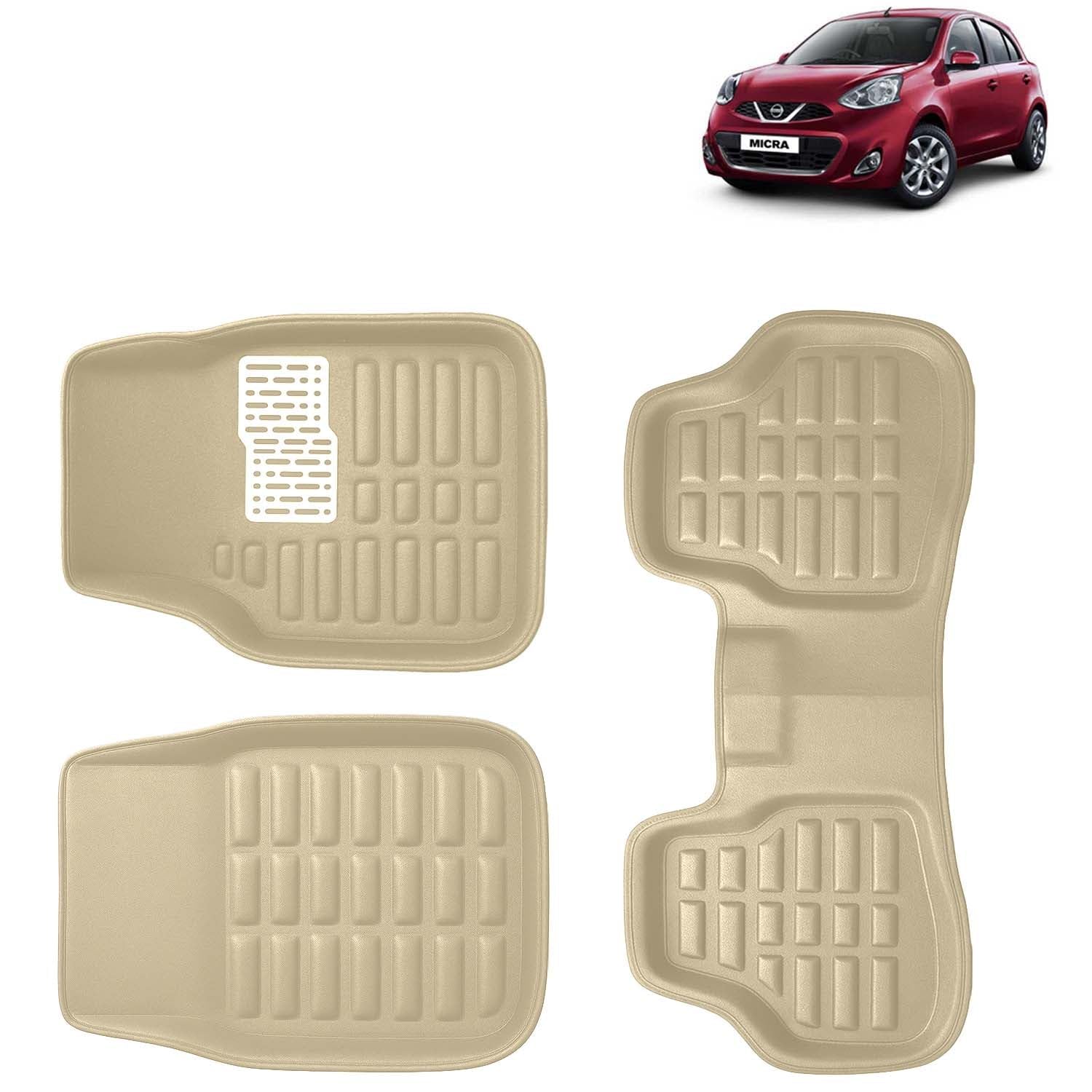 KINGSWAY Accessories Premium 3D Car Floor Mats Only Compatible with Nissan Micra Year 2010 to 2020 All Model, Set of 3, 100% Waterproof Tray Shape PVC 3D Car Foot Mats Anti-Slip Car Mat, Beige