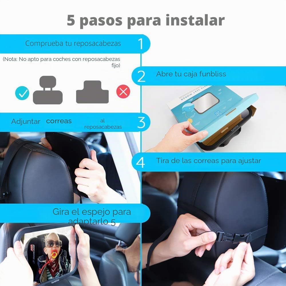 Espejo Coche Bebé, No Requiere Montaje，Espejo Retrovisor Coche Bebé, 360° Ajustable, Gran Tamaño, Irrompible