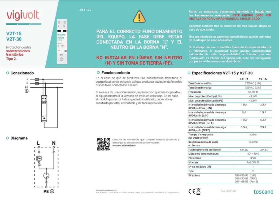 RASMACOR | TOSCANO V2T-15 | Protector Contra Sobretensiones Transitorias Monofásico | F+N 240Vac - 15KA Clase II | Toscano vigivolt 10002463 | 1 Módulo