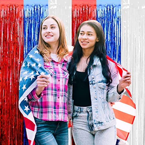 Image of 4 Pack Red Blue White Foil Fringe Curtain Backdrop, 3.28Ft x 8.2Ft Metallic Tinsel Foil Fringe Streamers Curtains for Photo Booth, Wedding, Mardi Gras, Birthday, Independence Day Party Decoration