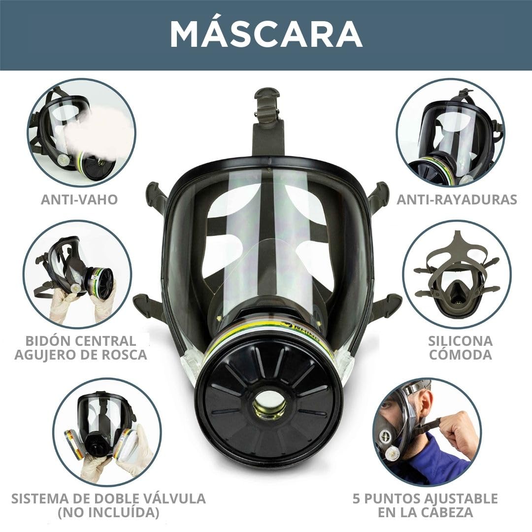 Máscara de Gas Completa Respirador RHINO RH-7011B (ABEK2P3R) Reutilizable para Vapores Orgánicos, Inorgánicos, Gases Ácidos, Amoníaco, Fumigar, Pintura | Proteccion Respiratoria, Filtro y Guantes