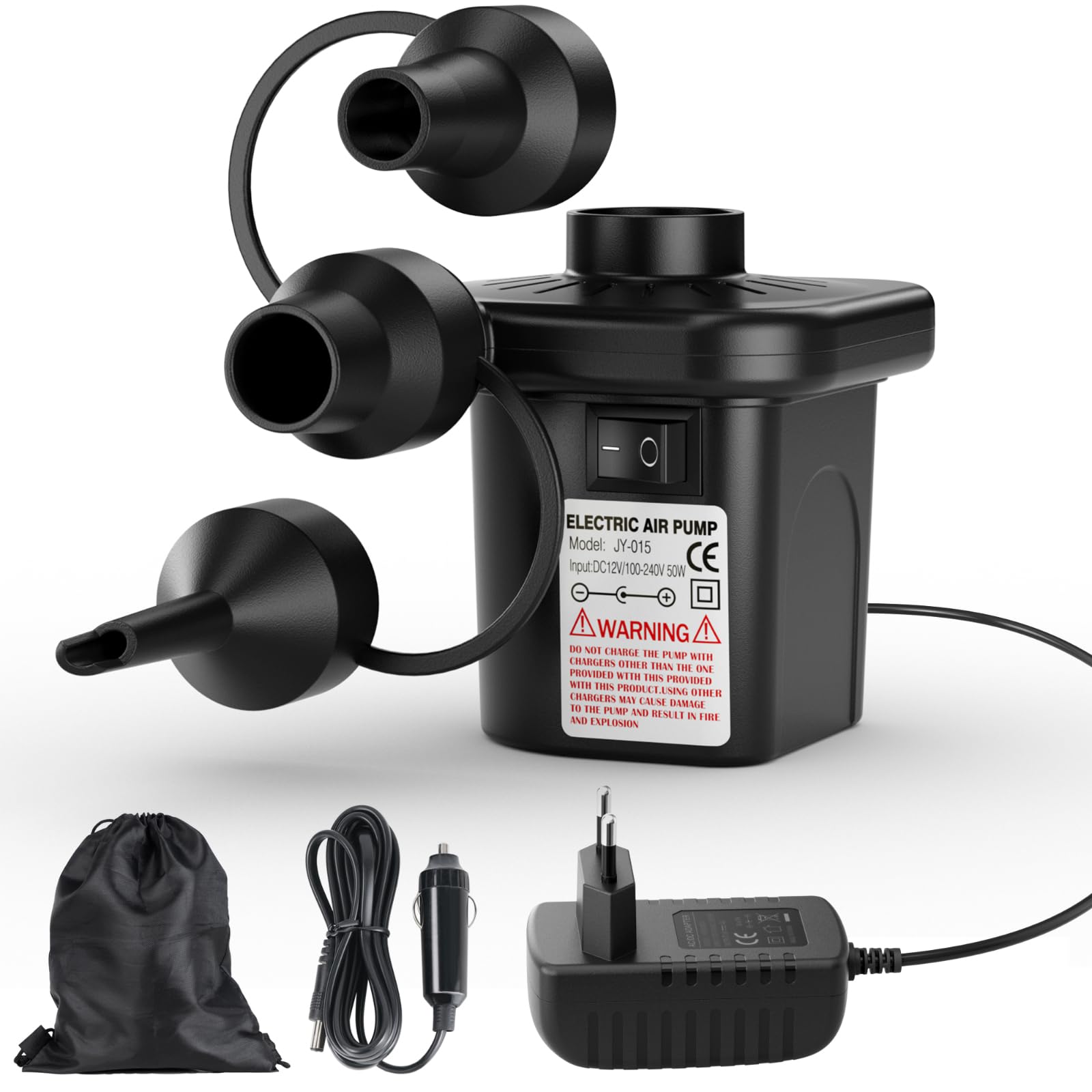 Pompe à air électrique pour Matelas Gonflable avec 3 Buses, 240 V AC/12 V DC, Pompe électrique de gonflage et de dégonflage pour Camping en Plein air, Lits gonflables, Bateaux, Coussins gonflables