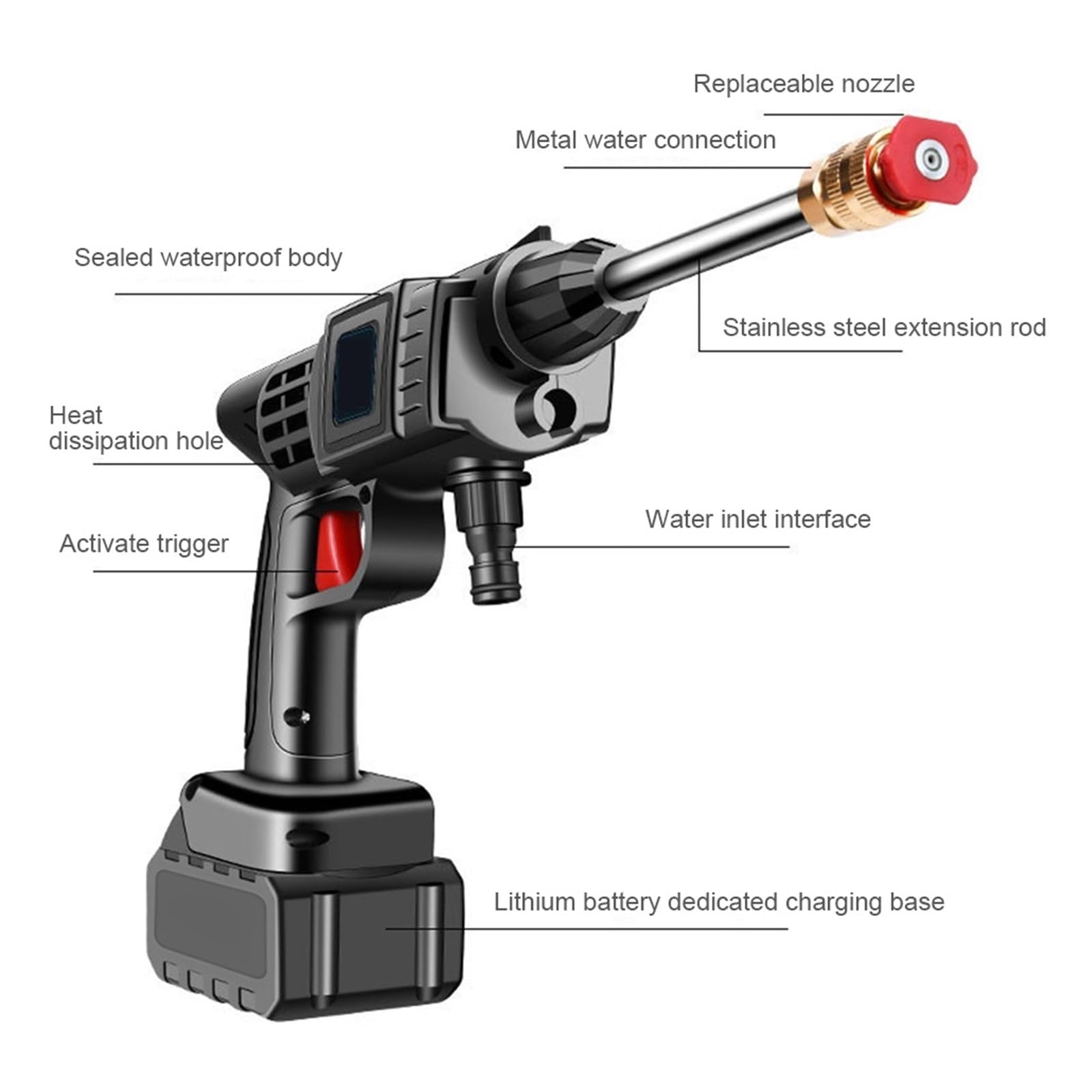 Pistolet d'arrosage avec embout multi-jets, Nettoyeur haute pression sans fil 10000/20000mAh, générateur de mousse, lave-auto, eau(10000mAh Battery)