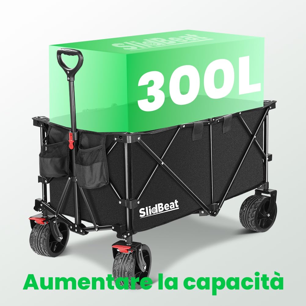 SLIDBEAT - Carrello da Giardino Pieghevole, Carrello Spiaggia con Ruote Grandi, Portata fino a 250kg, per Attività All'aperto, Giardino, Campeggio