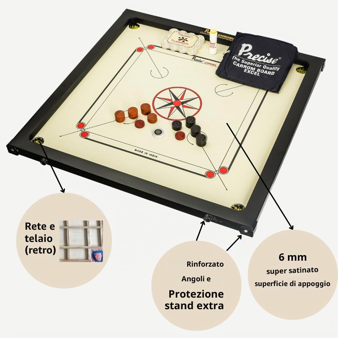 Carrom Original 6 mm Chroma Excel Set professionale completo brevettato realizzato a mano in India per 4 giocatori dai 9 anni in su